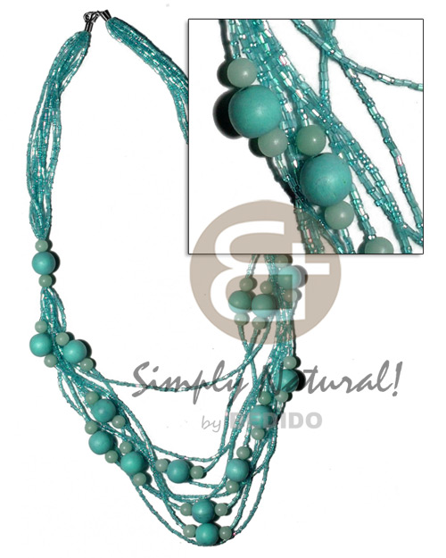 5 rows  graduated multilayered  cut glass beads   buri seeds and wood beads accent/aquamarine tones / 32 in - Home