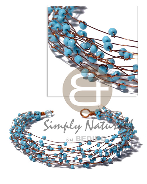 13 rows copper wire choker  aqua blue glass beads - Home