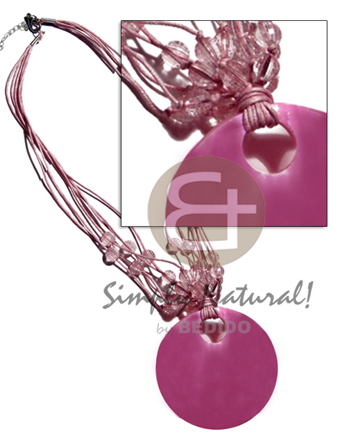 6 rows pink wax cord  acrylic crystal accent and 65mm round pink kabibe shell pendant - Home