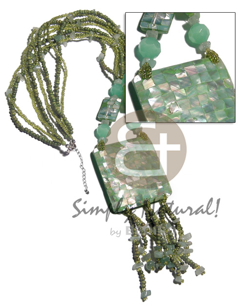 4 rows glass beads, 2-3mm coco Pokalet  stone nuggets, 2 pcs. rectangular 20mmx15mm mint green hammershell blocking  tassled 55mm mint green square hammershell blocking pendant / green tones / 22in plus 2.5in tassles - Home