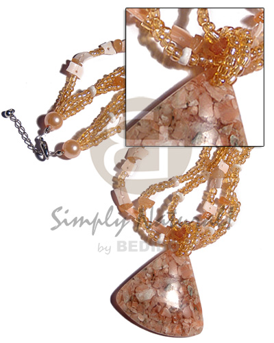 3 layers glass beads/pink rose  triangular shape corals 45mmx50mm in clear resin / peach tones / 18in. - Home