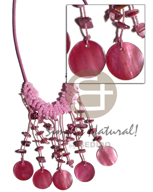 spaghetti choker / dangling old rose round hammershell  and nuggets on pink leather thong  beads - Home