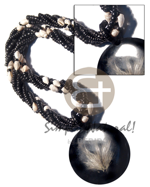 4 layers 4-5mm coco black Pokalet.  white nassa accent  60mm black round resin  laminated feather / 20 in. - Home