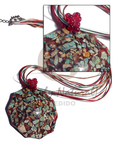 6 rows tan/red/mint green wax cord  umbrella shape crushed limestones 60mm pendant in resin / 22in - Home