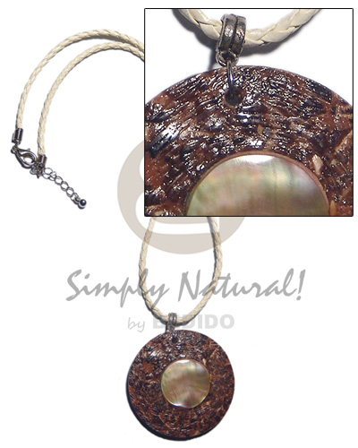 70mm  round laminated shell chips resin pendant  MOP ring accent in 2 layers brown leather thong / 18in - Home