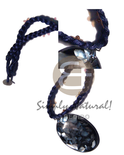 braided navy blue satin cord choker  floral sequins accent and 45mmx34mm oval black resin  laminated hammershell chips pendant / knotted lock  shell stopper / 16in - Home