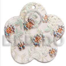 scallop 40mm clear white resin  handpainted design - floral / embossed hand painted using japanese materials in the form of maki-e art a traditional japanese form of hand painting - Hand Painted Pendants