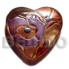 heart 40mm  transparent brown resin  handpainted design - floral / embossed hand painted using japanese materials in the form of maki-e art a traditional japanese form of hand painting - Hand Painted Pendants