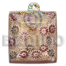45mm square clear white resin  handpainted design - floral / embossed hand painted using japanese materials in the form of maki-e art a traditional japanese form of hand painting - Hand Painted Pendants