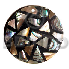 flat 42mm round black resin  laminated brownlip/paua chips - Shell Pendant