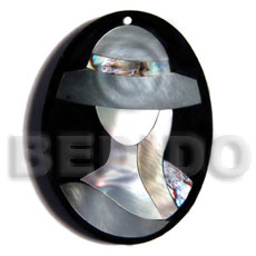 50mmx38mm oval pendant /elegant hat lady delicately etched in  shells - brownlip, blacklip and paua combination in jet black laminated resin / 5mm thickness - Shell Pendant