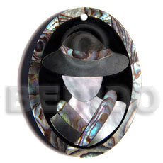 50mmx38mm oval pendant /elegant hat lady delicately etched in  shells - brownlip, blacklip and paua combination in jet black laminated resin / 5mm thickness - Shell Pendant