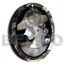 50mmx38mm oval pendant /elegant hat lady delicately etched in  shells - brownlip, blacklip and paua combination in jet black laminated resin / 5mm thickness - Shell Pendant