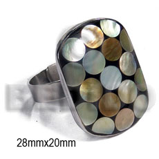 big accent haute hippie ring /adjustable metal/ 28mmx20mm rectangular  rounded edges and embossed laminated brownlip circles on black resin - Home
