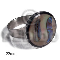 big accent haute hippie ring /adjustable metal/ 22mmx20mm round embossed laminated paua abalone and hammershell combination  black resin edges - Home