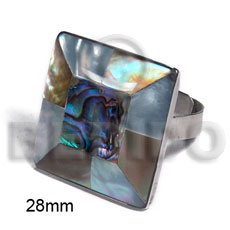 big accent haute hippie ring /adjustable metal/ 28mm square  embossed laminated paua abalone, brownlip and hammershell combination - Home
