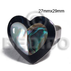 big accent haute hippie ring /adjustable metal/ 27mmx29mm heart  embossed and laminated paua abalone and hammershell combination  black resin edges - Home