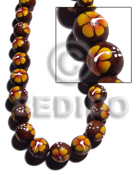 15mm robles round beads  handpainted back to back yellow / orange / white flower - Home