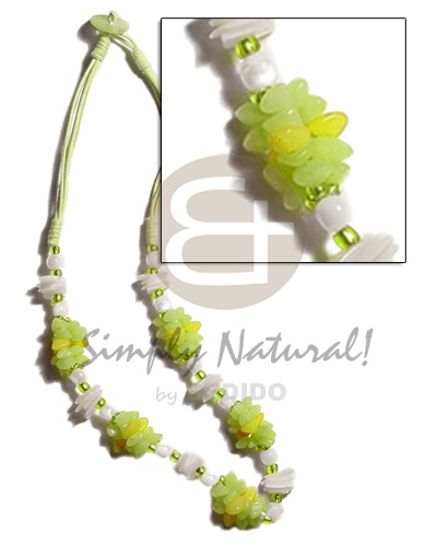 lime green 3 layer wax cord  buri seeds, shell & white rose beads combination - Home