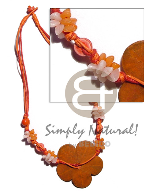 orange 3 layer wax cord  buri seeds, shell & white rose beads combination  leather flower accent - Home