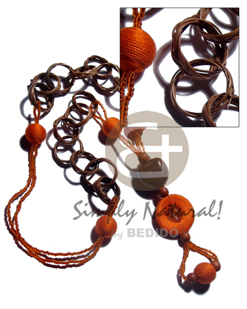 basket rings  kukui nuts/15mm wrapped wood beads/ 30mm wrapped wood ring and glass beads / 32in./ in orange & brown tones - Home