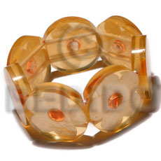 30mm round bright orange clear resin ( 7mm thickness )  laminated capiz shell flower elastic bangle / dark orange capiz nectar accent - Shell Bangles