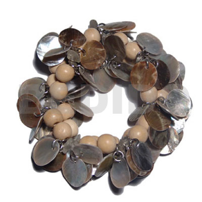 15mm dangling round blacklip  skin and wood beads combination / elastic bracelet - Home