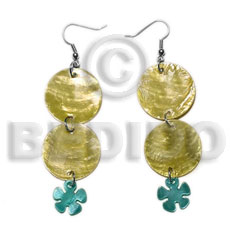 dangling double round 25mm golden yellow capiz shell  15mm capiz subdued blue flower - Home