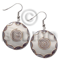 dangling 35mm round kabibe shell, handpainted, embellished  embossed metallic gold line accent - Home