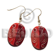 dangling handpainted and colored oval 35mmx26mm kabibe shell pendant embellished  elevated /embossed metallic paint accent lines / red and gold tones - Home