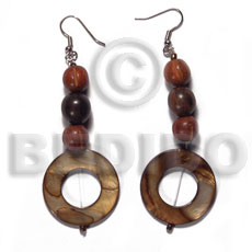 dangling 30mm round laminated golden amber kabibe shell rings  in high gloss  wood beads accent - Home