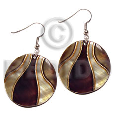 dangling handpainted and colored round 30mm kabibe shell pendant embellished  elevated /embossed metallic paint accent lines / brown and gold tones - Home