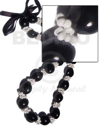 22 pcs. black kukui nuts   white mongo shell rings  / 30in in matching adjustable ribbon  the maximum length of 54in - Home