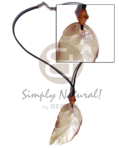leather thong  leaf shell pendant/wood bead accent - Home
