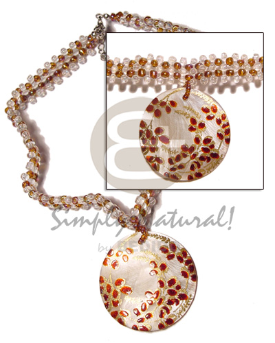 clear & brown glass beads flat choker  matching 40mm round handpainted hammershell pendant - Home
