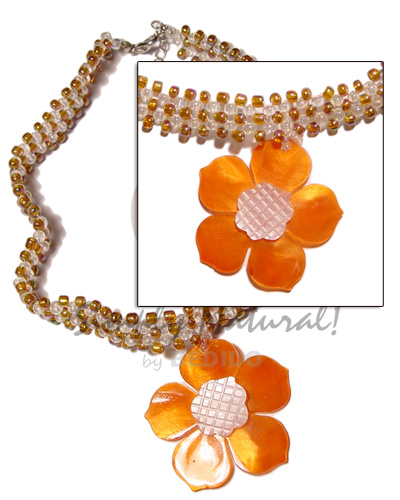 clear & brown glass beads flat choker  matching 40mm orange flower hammershell  groove pendant - Home