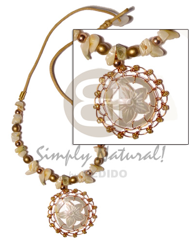 carved round floral MOP  brass wire & glass beads in wax cord  goldlip nuggets and gold wood beads - Home