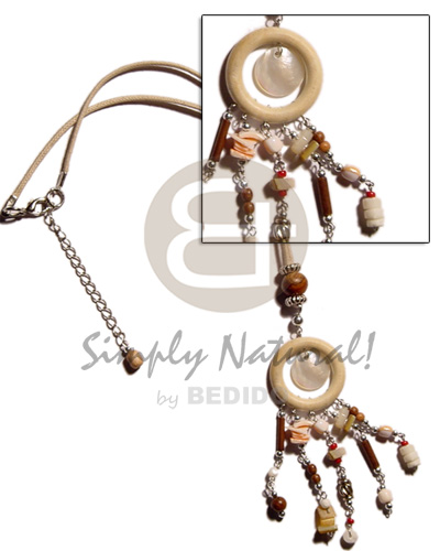 nat. wood ring  dangling round hammershell, asstd.shells,bamboo & wood beads looping tassle on wax cord - Home