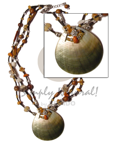 45mm blacklip pendant  3 rows eureka bamboo,corals,horn,wood & glass beads accent - Home