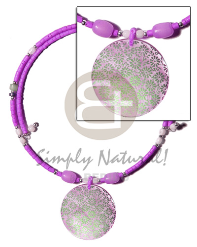 lilac 2-3mm coco heishe wire choker  buri & troca beads accent  40mm round hammershell handpainted pendant - Home