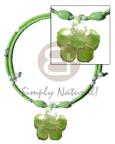 neon green 2-3mm coco heishe wire choker  buri & troca beads accent  45mm flower hammershell  groove nectar pendant - Home