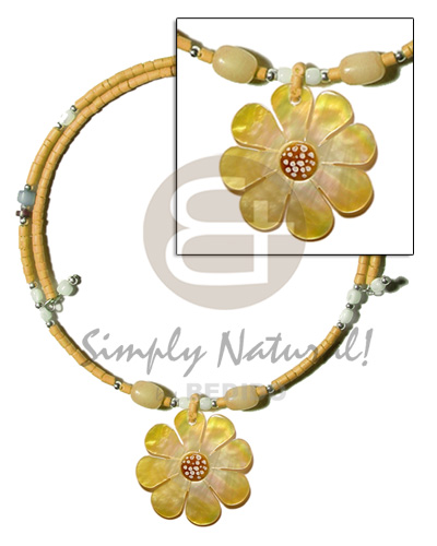 orange 2-3mm coco heishe wire choker  buri & troca beads accent  40mm flower MOP  skin nectar  pendant - Home