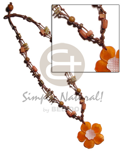 2 layer knotted brown cord  buri, shells, metal & wood beads accent and orange hammershell flower  groove pendant - Home