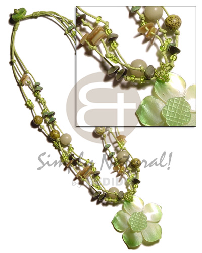 3 layer knotted lime wax cord  buri & shells  accent and graduated 45mm lime green hammershell flower  groove pendant - Home