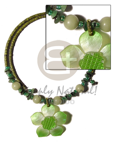 2-3mm olive green coco heishe wire choker  buri seeds accent and 45mm graduated green hammershell flower   grooved  nectar pendant - Home