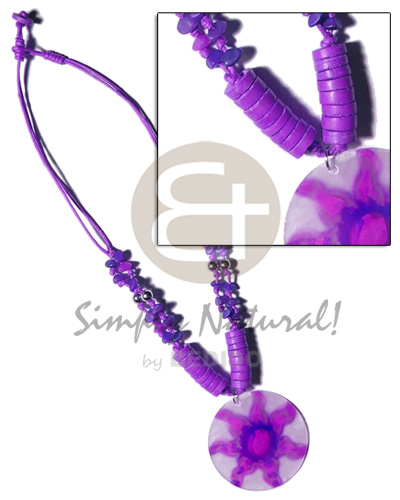 2 layer knotted lilac cord  buri & coco pokalet accent  and 40mm  handpainted round capiz pendant - Home