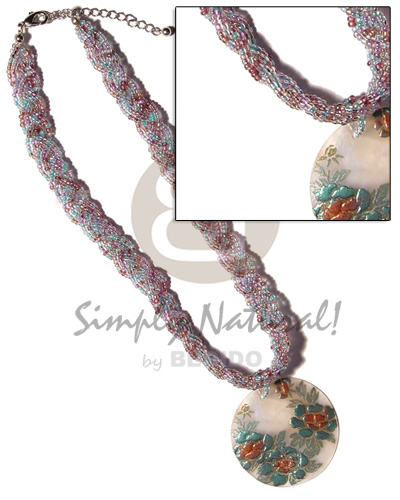 intertwined flat glass beads choker  40mm round capiz handpainted pendant - Home
