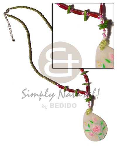 2-3mm olive green coco heishe  red bone capsule & coco chips accent and 45mm teardrop hammershell handpainted pendant - Home