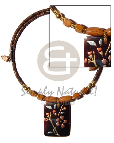 2-3mm coco heishe nat. brown choker wire  wood beads accent & 40mmx30mm handpainted black tab pendant - Home