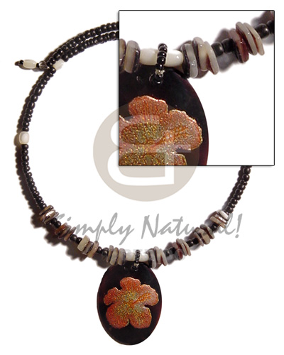 2-3mm black coco Pokalet. choker wire  shells & 45mm oval handpainted black tab pendant - Home